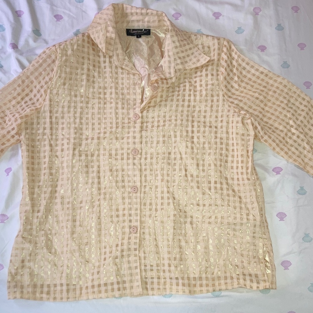 Amanda Collection Beige Checkered bitton up dress shirt